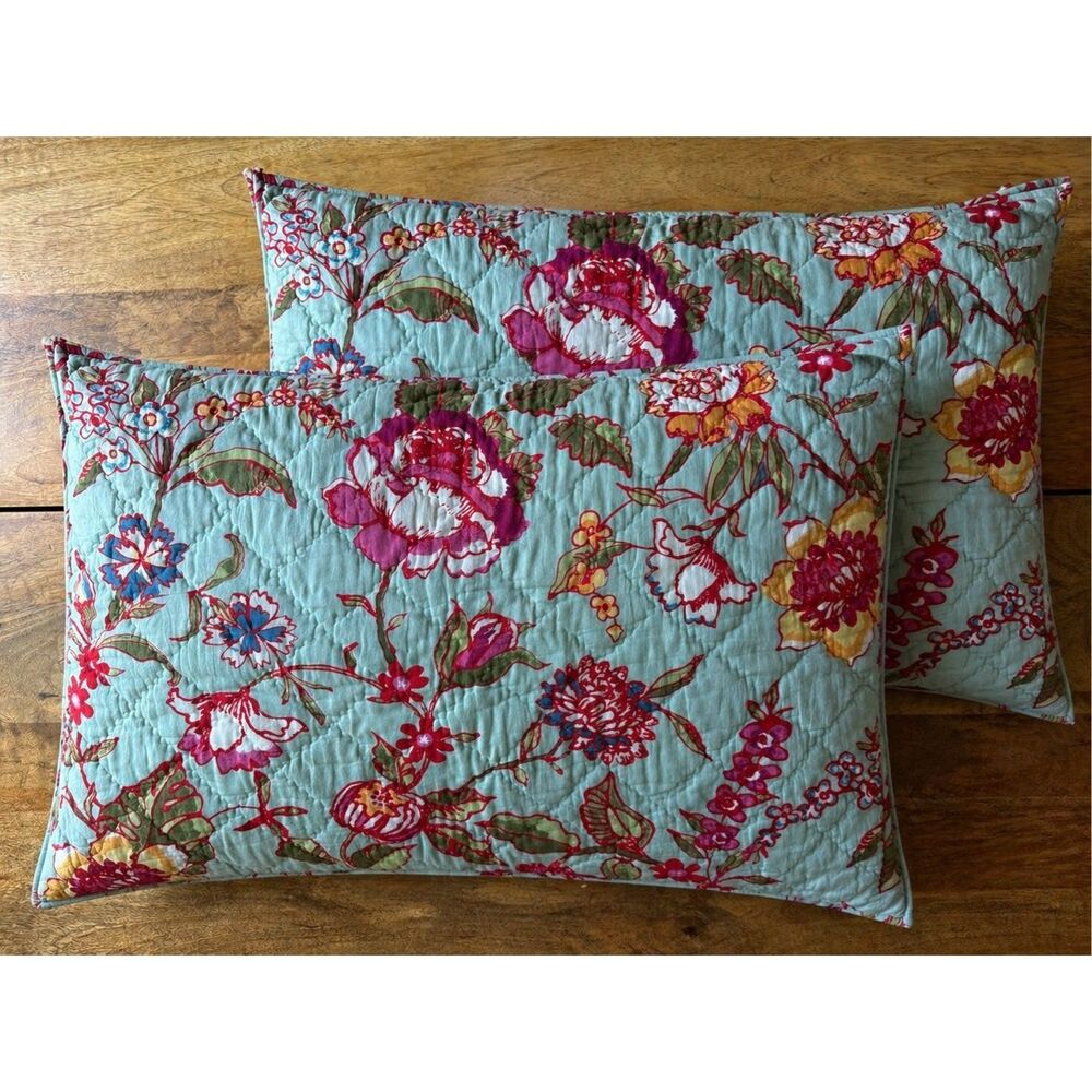 Pottery Barn Set of 2 Quilted Floral Standard Shams Blue Pink